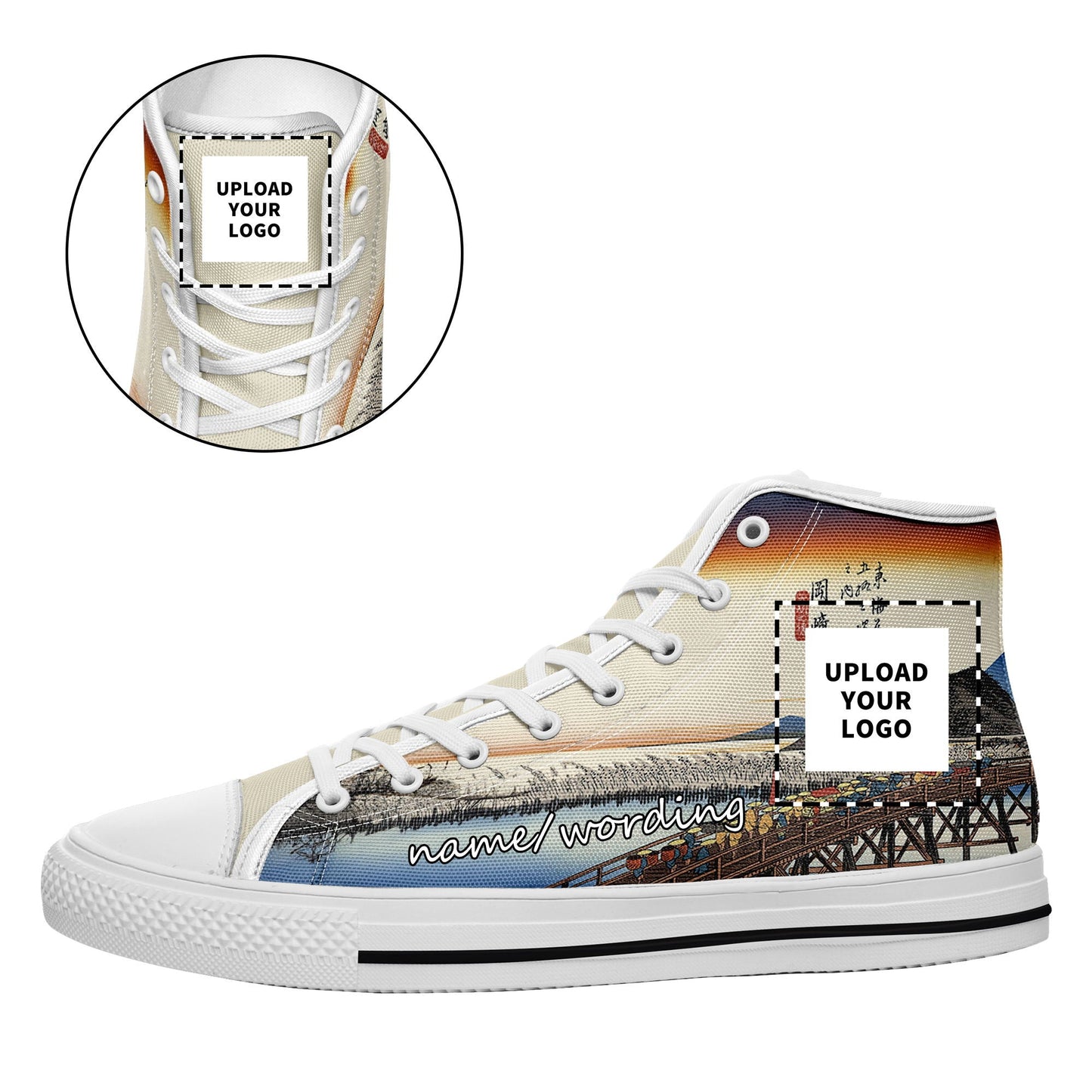 custom printed on demand high casual shoes 7218 japanese ukiyo-e the fifty three stations of the tokaido okazaki yahagi no hashi sneakers custom logo brand name