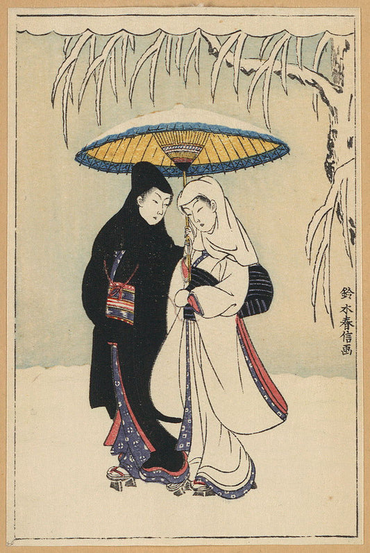 A Glimpse into the World of the Floating World: Ukiyo-e Couple Under Umbrella in Snow