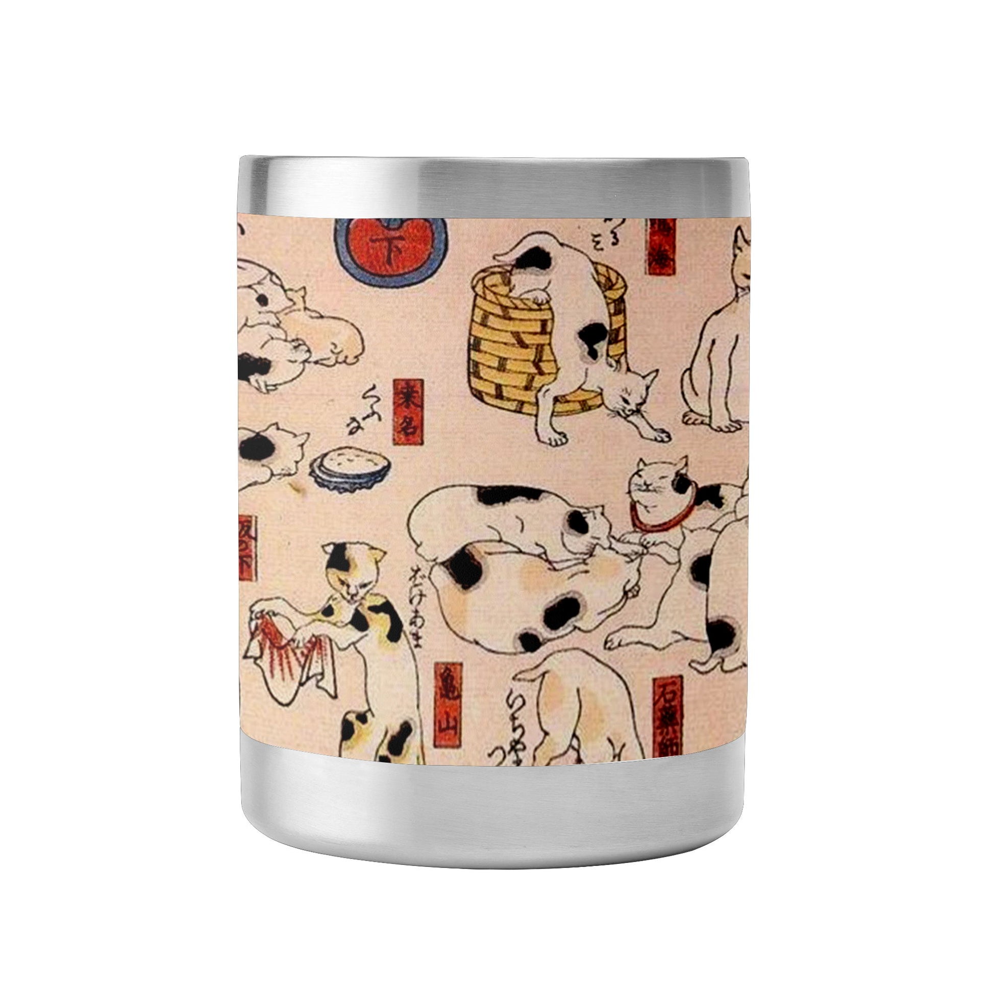 Custom Printed 10oz Stainless Steel Coffee Cup with Lid Pr262: Ukiyo-e Kuniyoshi Utagawa's Cats Suggested as the Fifty Three Stations of the Tokaido Whiskey Tumbler 1