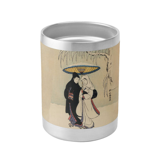Custom Printed 10oz Stainless Steel Coffee Cup with Lid Pr262: Ukiyo-e Suzuki Harunobu's Couple Under Umbrella in Snow Whiskey Tumbler