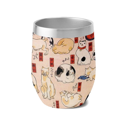 Custom Printed 12oz Stainless Steel Wine Tumbler Pr260: Ukiyo-e Kuniyoshi Utagawa's Cats Suggested as the Fifty Three Stations of the Tokaido Insulated Eggshell Cup with Lid 2