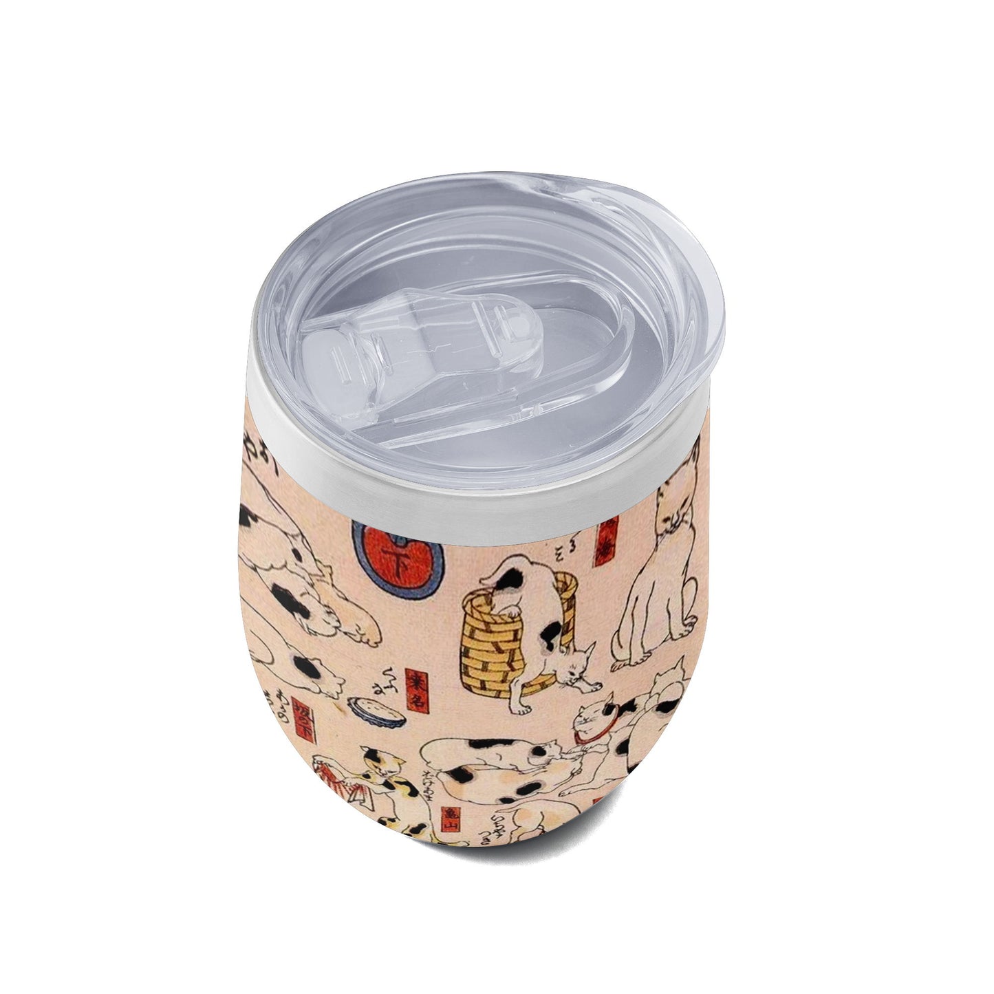 Custom Printed 12oz Stainless Steel Wine Tumbler Pr260: Ukiyo-e Kuniyoshi Utagawa's Cats Suggested as the Fifty Three Stations of the Tokaido Insulated Eggshell Cup with Lid 3