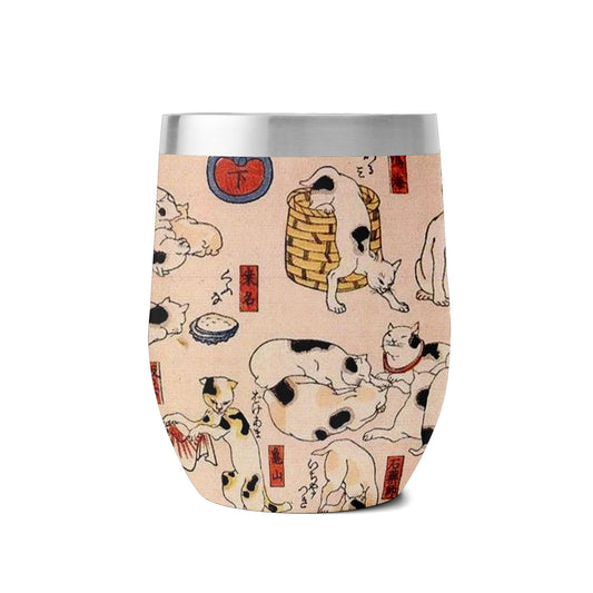 Custom Printed 12oz Stainless Steel Wine Tumbler Pr260: Ukiyo-e Kuniyoshi Utagawa's Cats Suggested as the Fifty Three Stations of the Tokaido Insulated Eggshell Cup with Lid