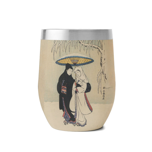 Custom Printed 12oz Stainless Steel Wine Tumbler Pr260: Ukiyo-e Suzuki Harunobu's Couple Under Umbrella in Snow Insulated Eggshell Cup with Lid