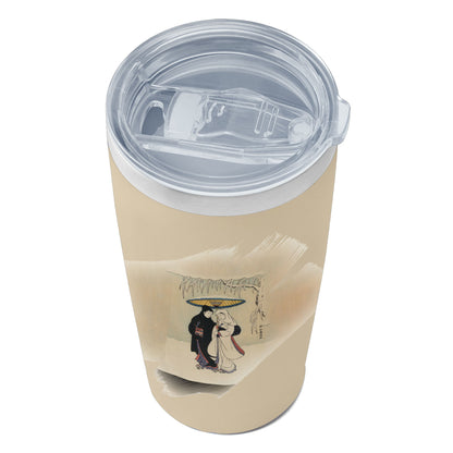 custom printed 20oz stainless steel travel mug with lid pr259 ukiyo-e suzuki harunobu's couple under umbrella in snow vacuum insulated coffee tumbler 3