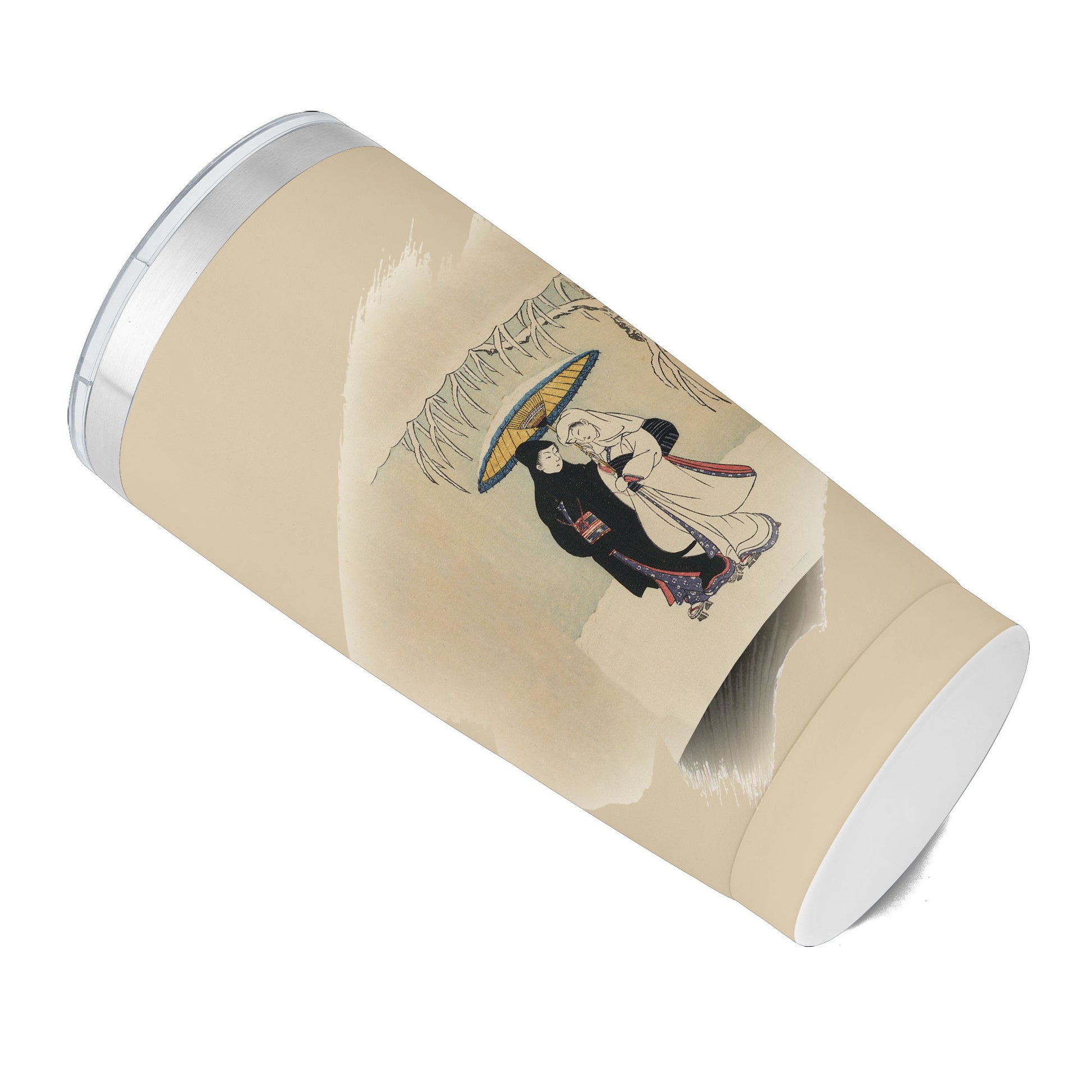 custom printed 20oz stainless steel travel mug with lid pr259 ukiyo-e suzuki harunobu's couple under umbrella in snow vacuum insulated coffee tumbler 4