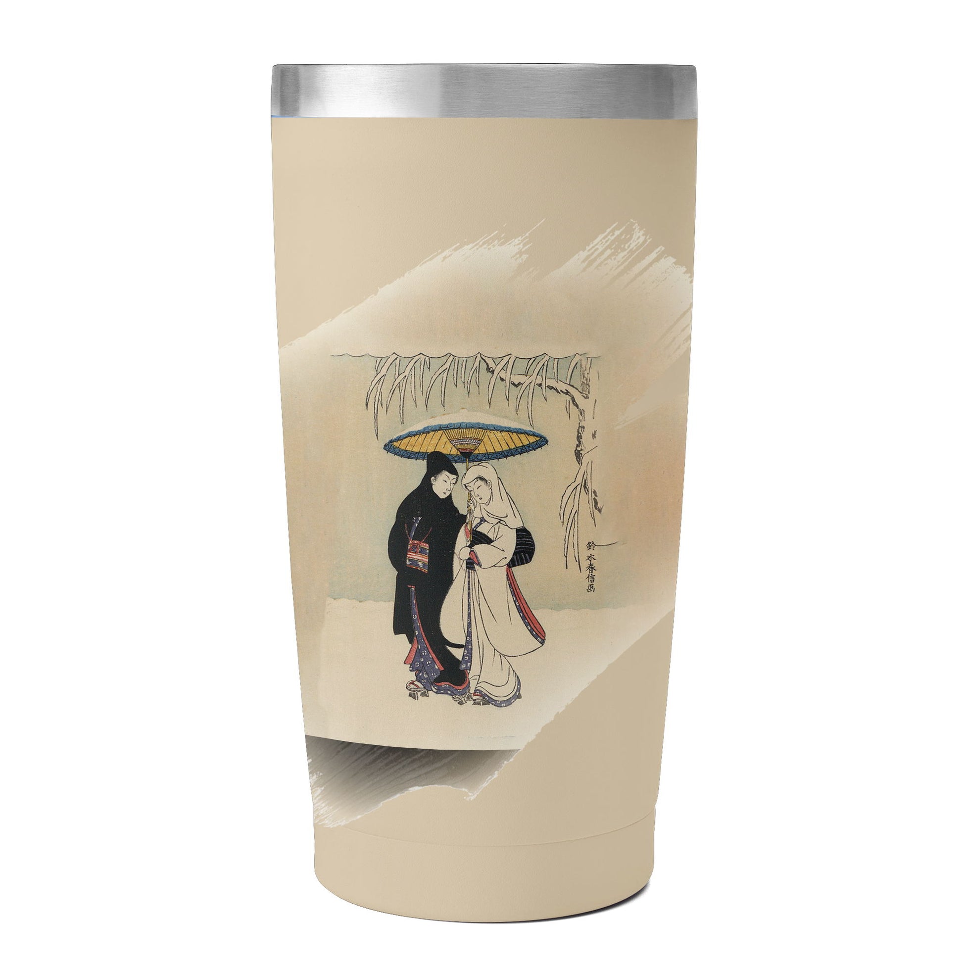 custom printed 20oz stainless steel travel mug with lid pr259 ukiyo-e suzuki harunobu's couple under umbrella in snow vacuum insulated coffee tumbler