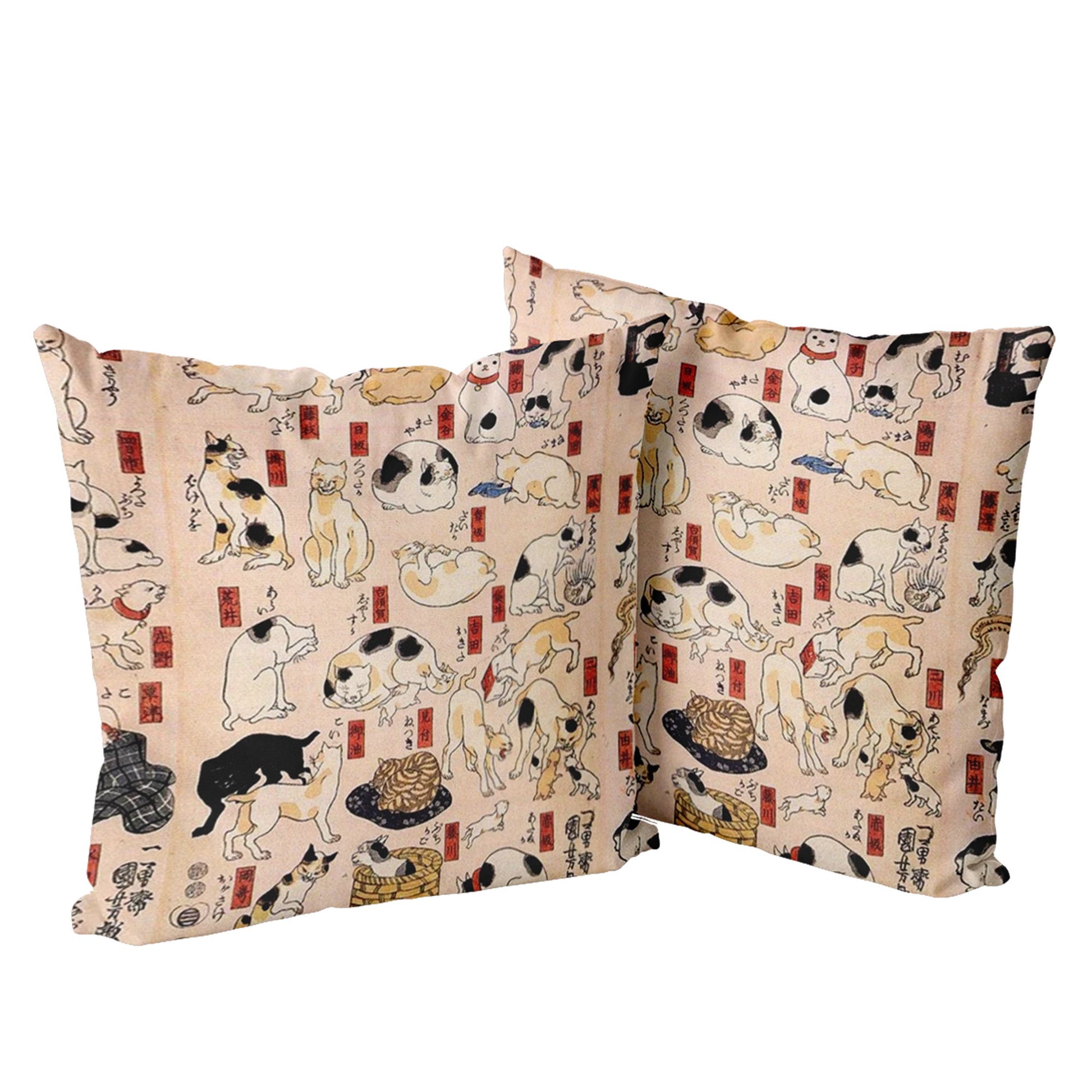 Custom Printed Japanese Ukiyo-e Kuniyoshi Utagawa's Cats Suggested as the Fifty Three Stations of the Tokaido Pillow 16*16 PR105-1
