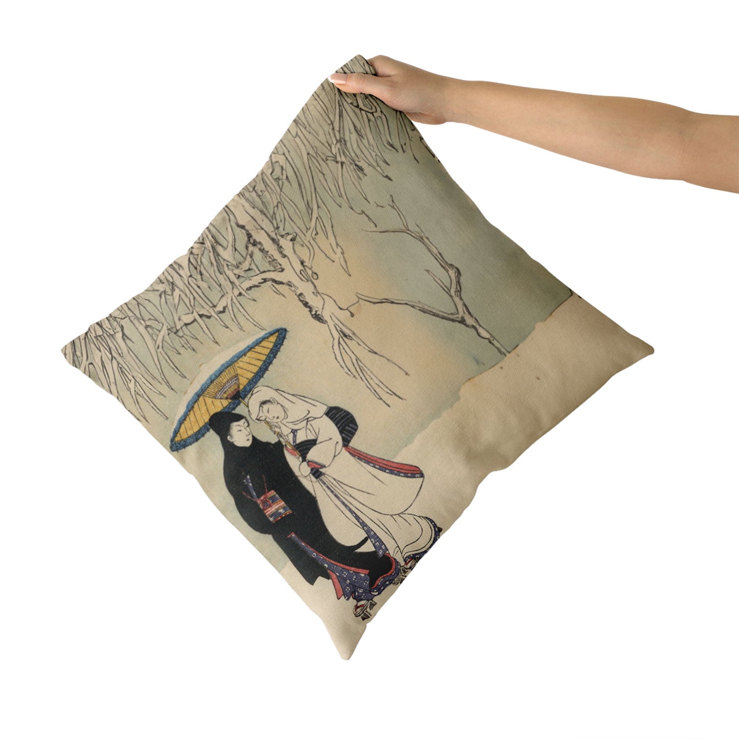 Custom Printed Japanese Ukiyo-e Suzuki Harunobu's Couple Under Umbrella in Snow Pillow 16x16 Pr105-2