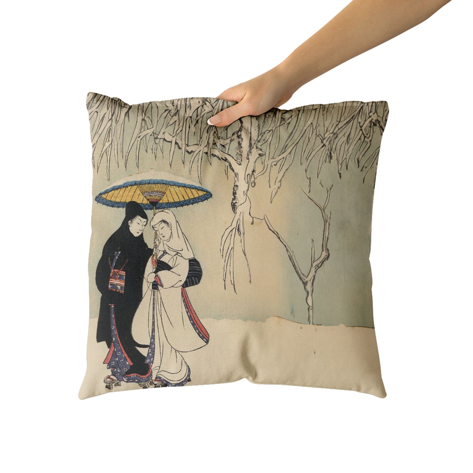 Custom Printed Japanese Ukiyo-e Suzuki Harunobu's Couple Under Umbrella in Snow Pillow 16x16 Pr105-4