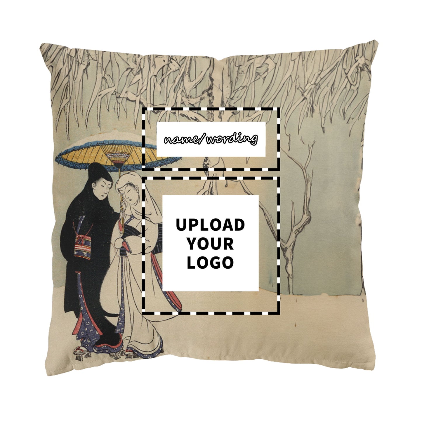 Custom Printed Japanese Ukiyo-e Suzuki Harunobu's Couple Under Umbrella in Snow Pillow 16x16 Pr105 Custom Logo Brand Name