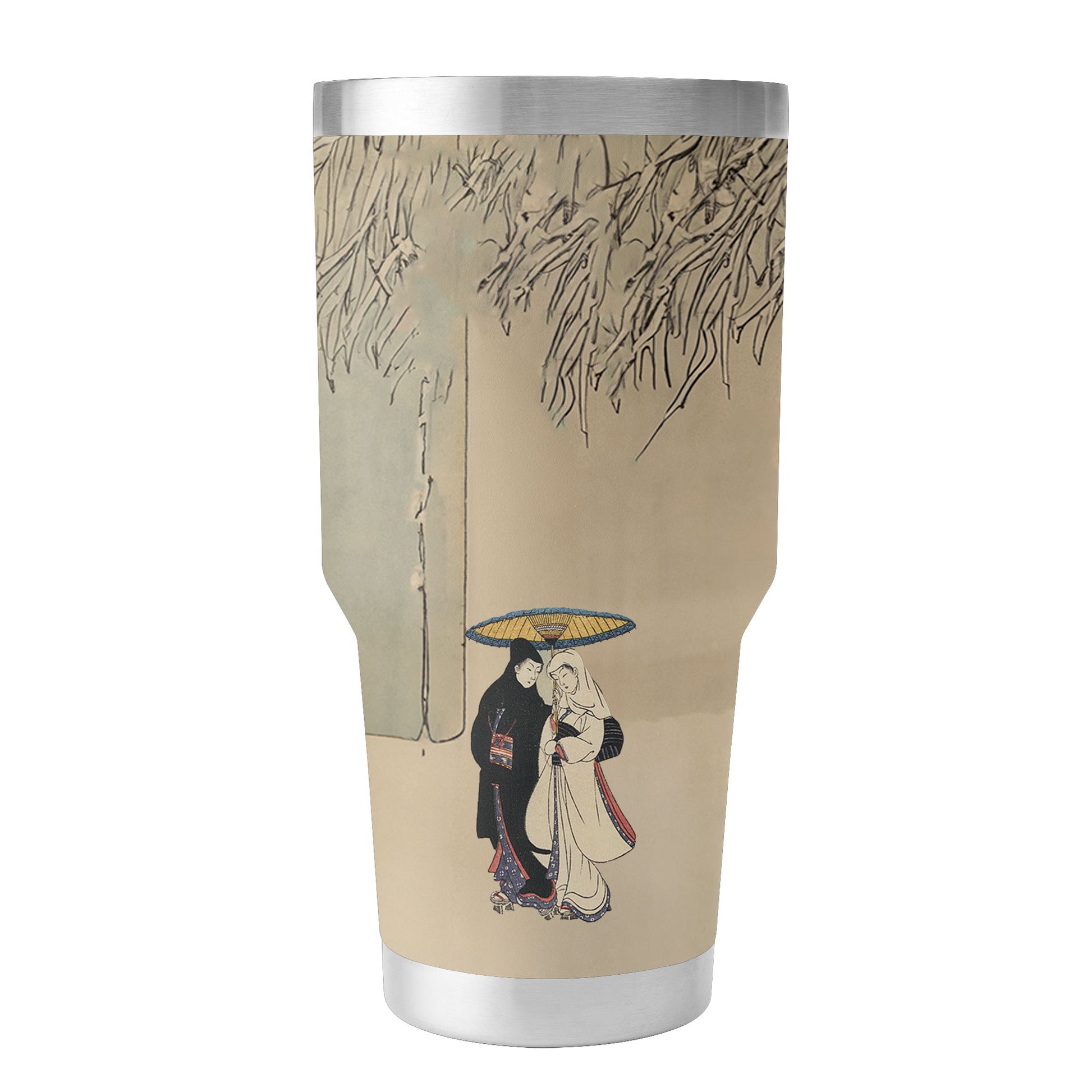 Custom Printed Ukiyo-e Suzuki Harunobu Couple Under Umbrella in Snow Insulated 30oz Stainless Steel Car Tumbler with Lid Pr263-1