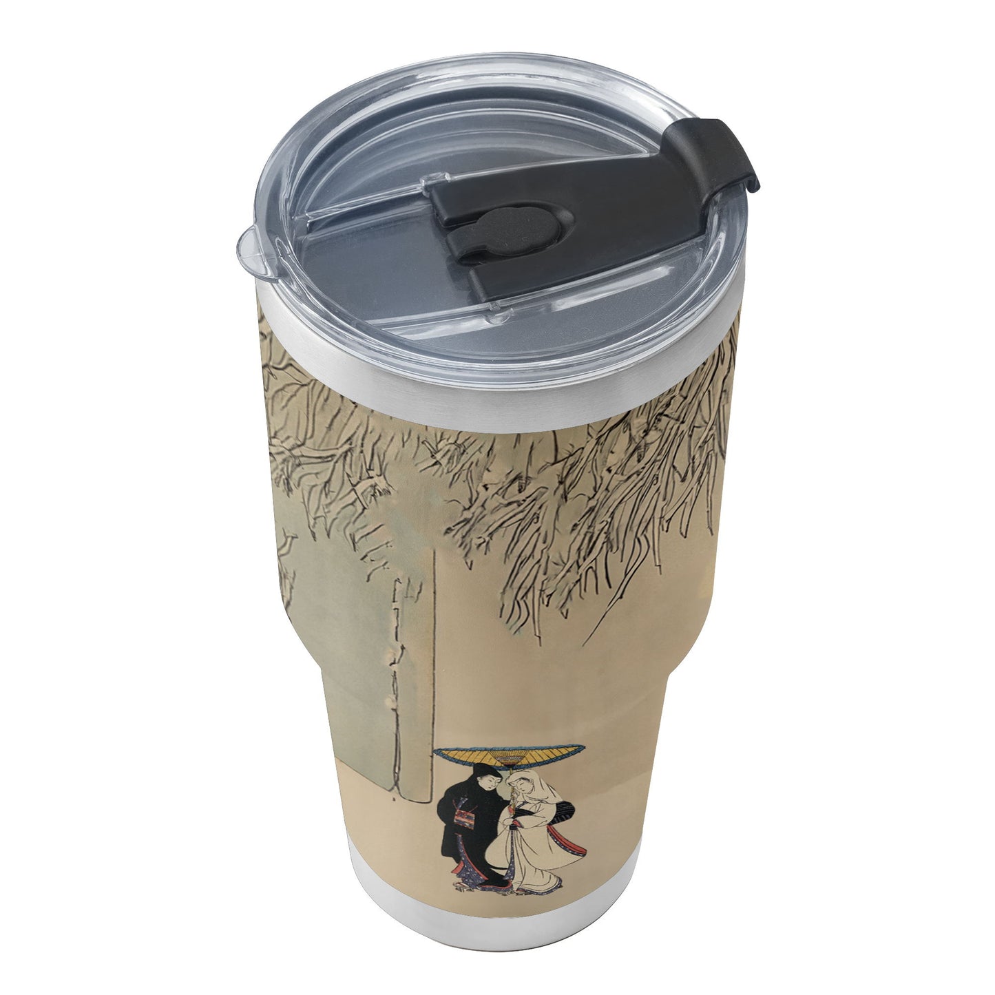 Custom Printed Ukiyo-e Suzuki Harunobu Couple Under Umbrella in Snow Insulated 30oz Stainless Steel Car Tumbler with Lid Pr263-3