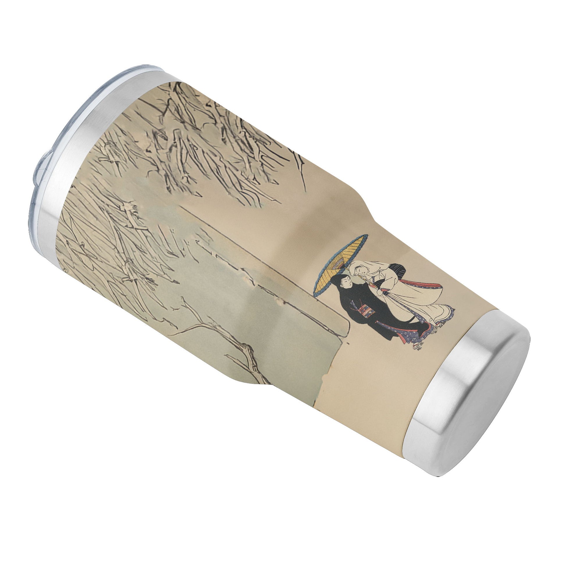 Custom Printed Ukiyo-e Suzuki Harunobu Couple Under Umbrella in Snow Insulated 30oz Stainless Steel Car Tumbler with Lid Pr263-4