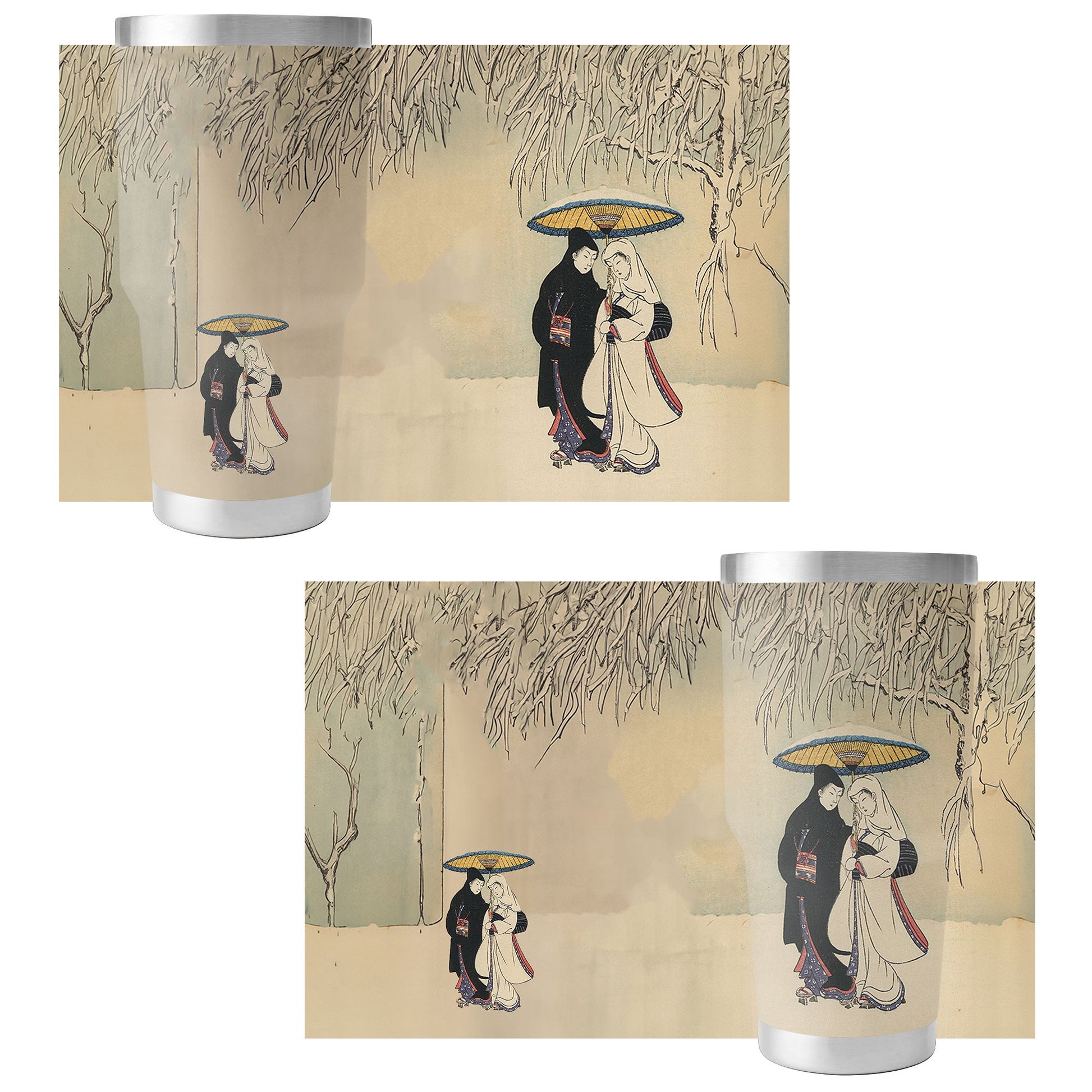 Custom Printed Ukiyo-e Suzuki Harunobu Couple Under Umbrella in Snow Insulated 30oz Stainless Steel Car Tumbler with Lid Pr263-5