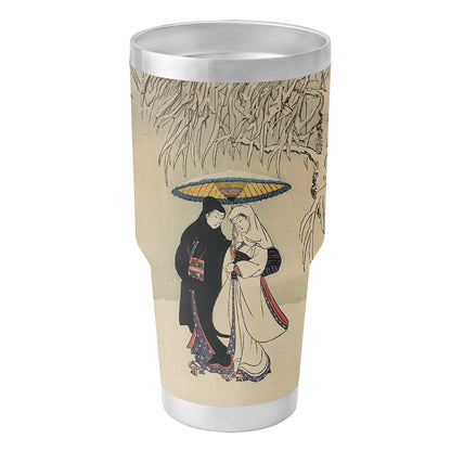 Custom Printed Ukiyo-e Suzuki Harunobu Couple Under Umbrella in Snow Insulated 30oz Stainless Steel Car Tumbler with Lid Pr263