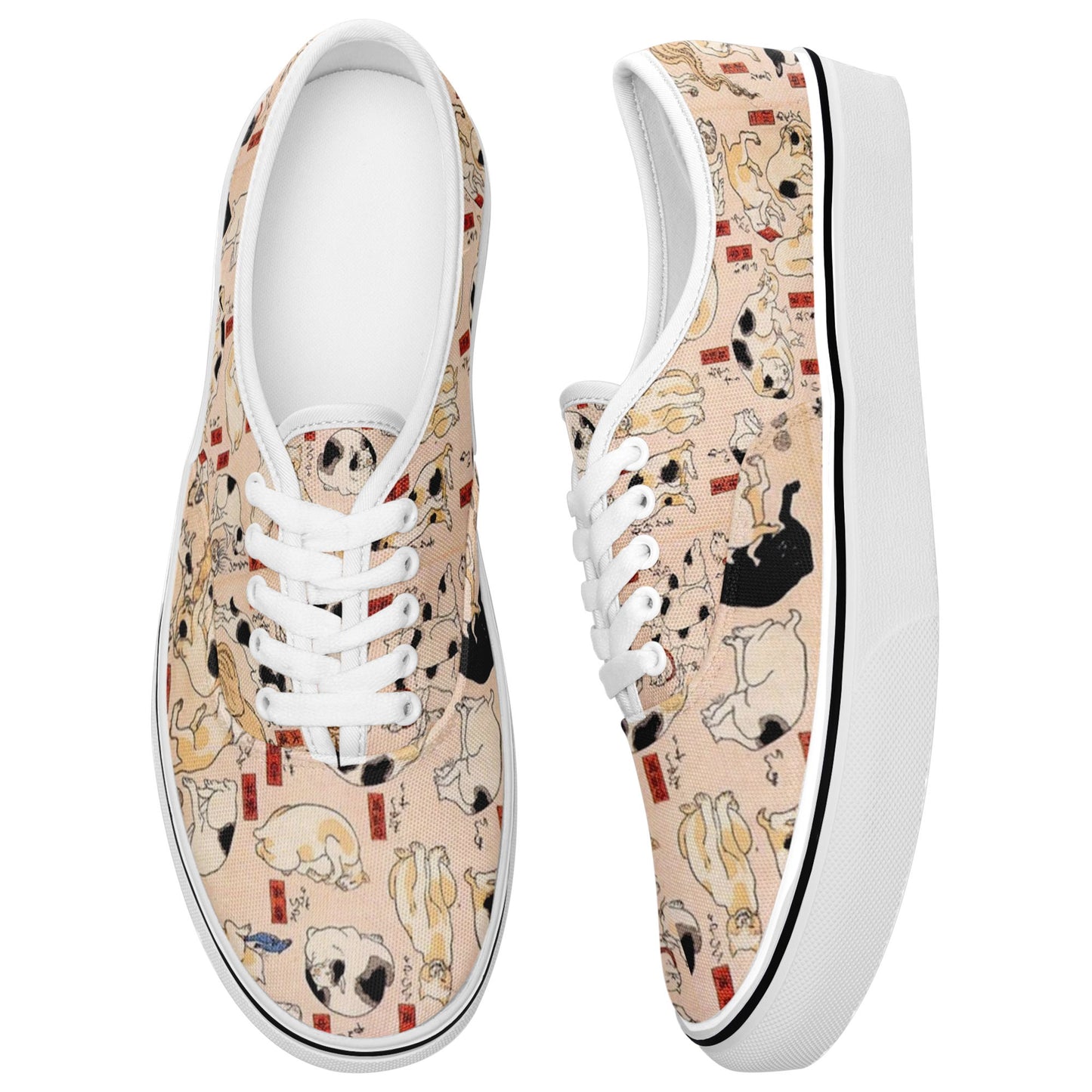 customize printed casual shoes 7213 with retro art ukiyo-e kuniyoshi utagawa's cats suggested as the fifty three stations of the tokaido sneakers white soles 4