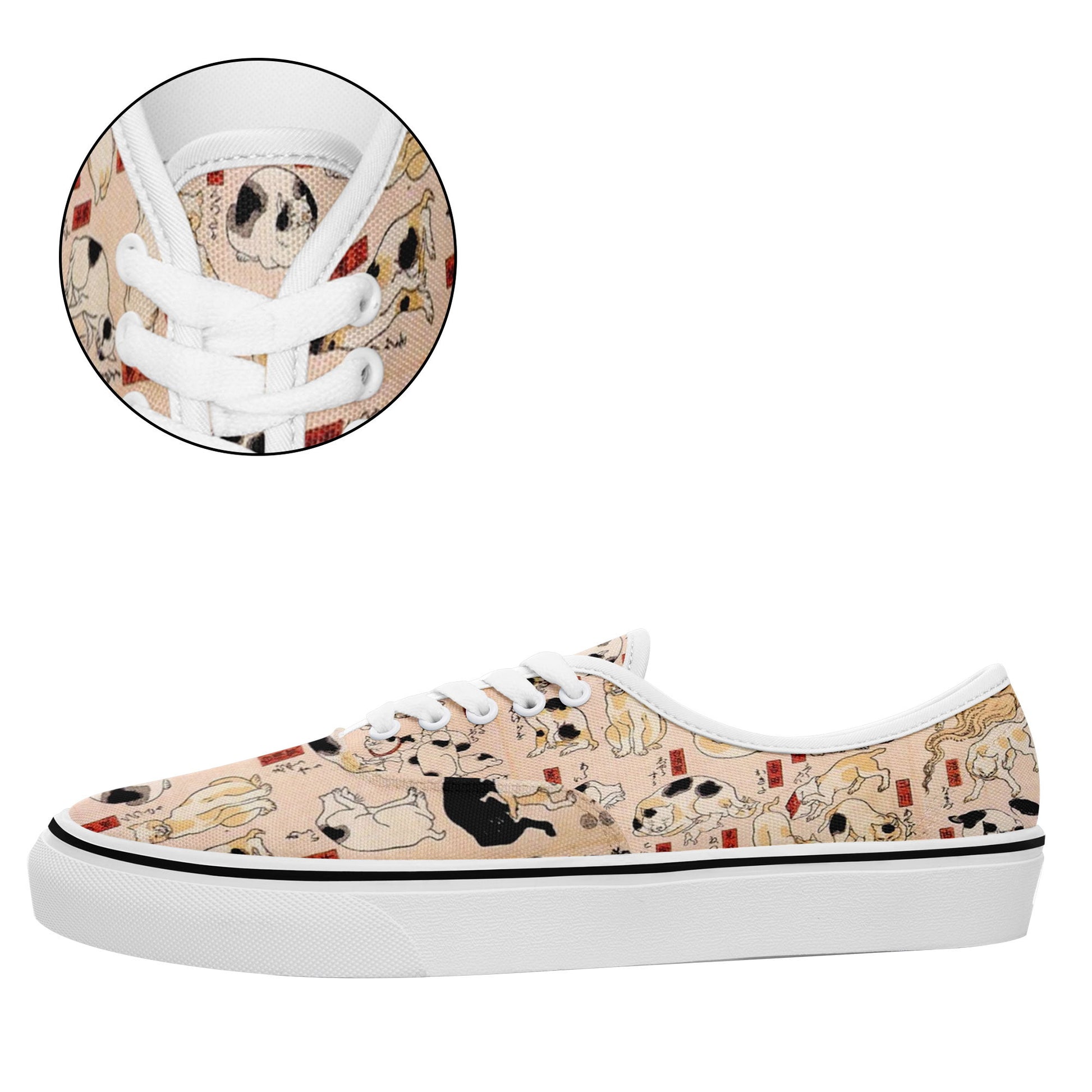 customize printed casual shoes 7213 with retro art ukiyo-e kuniyoshi utagawa's cats suggested as the fifty three stations of the tokaido sneakers white soles 6