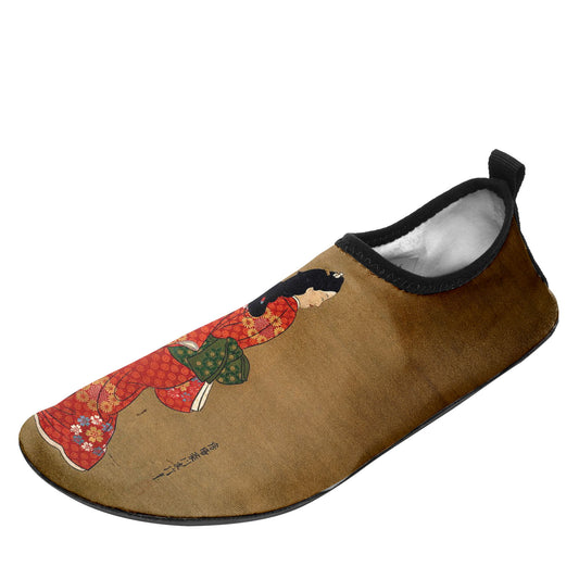 Custom Printed Aqua Shoes 1902: Ukiyo-e Hishikawa Moronobu's Beauty Looking Back Beach Wading Shoes