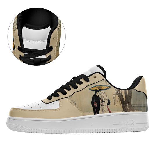 customize printed airforce sneakers with retro art ukiyo-e suzuki harunobu's couple under umbrella in snow black shoelaces